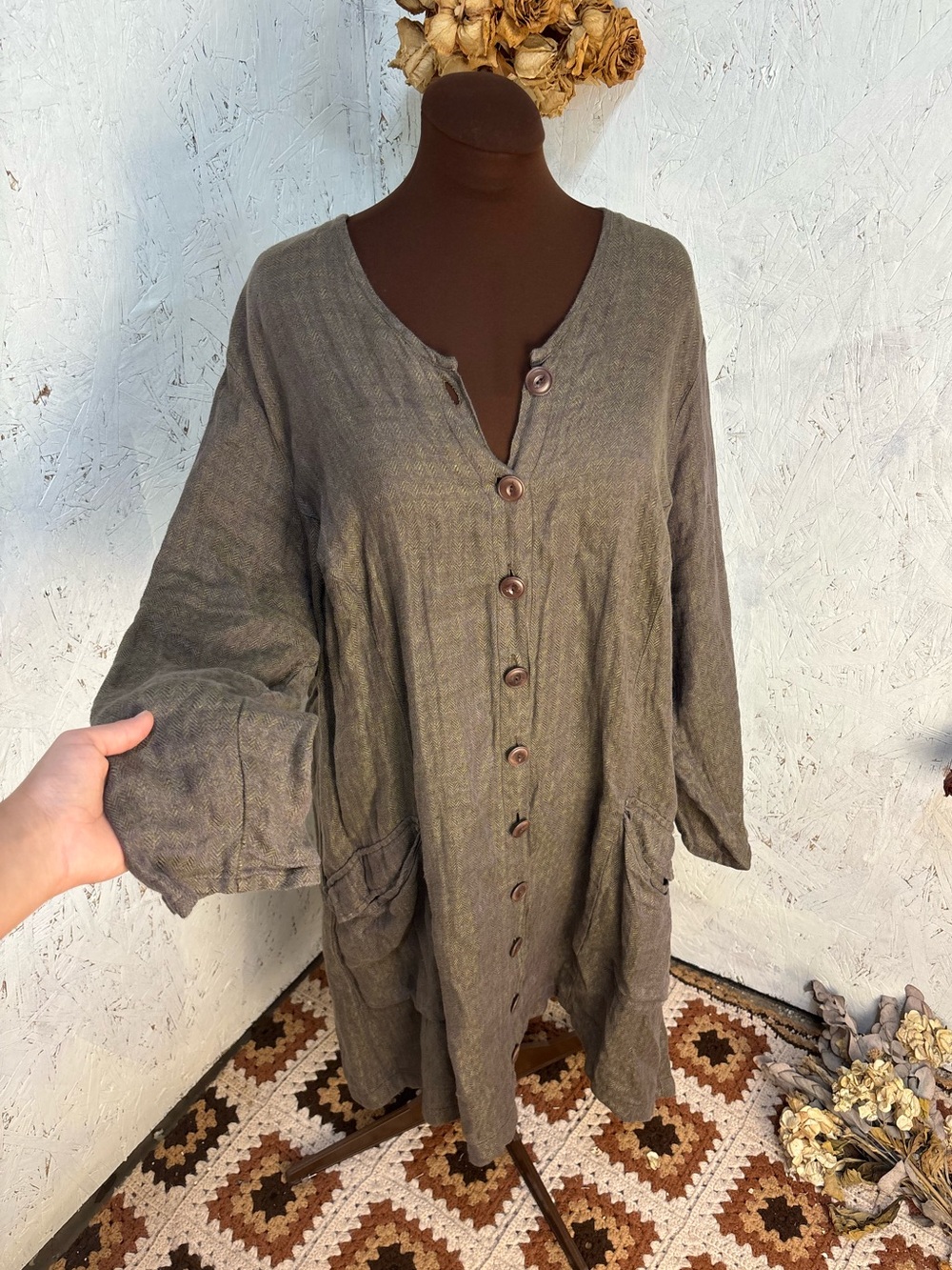 FLAX Linen Gold Purple Whimsigoth Herringbone Midi Dress Long Sleeve 1G (18-20)
